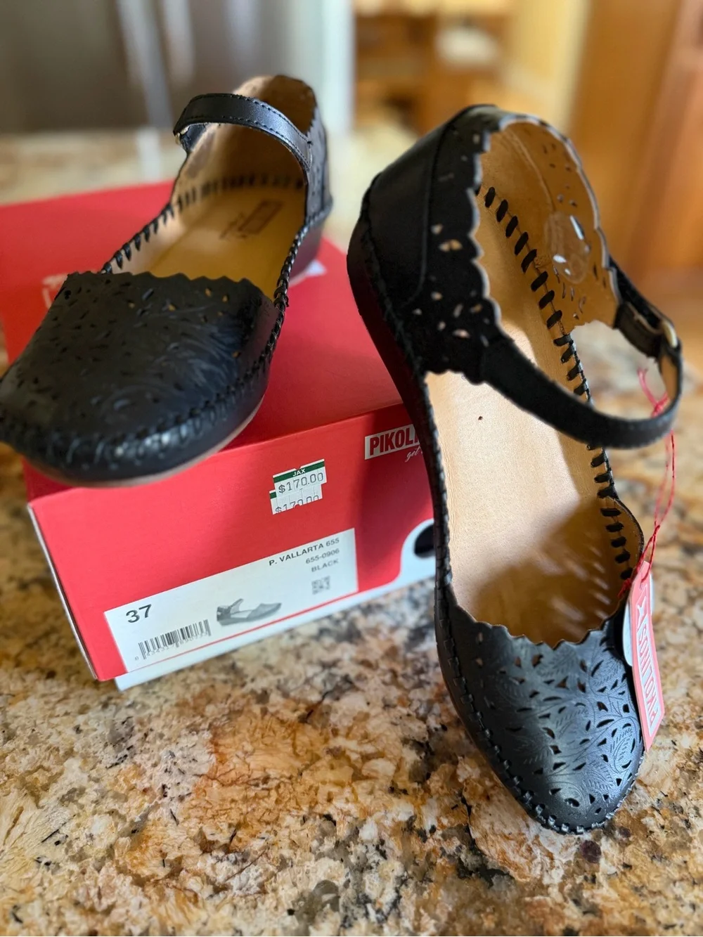 PIKOLINOS Black Laser-Cut Leather Sandal Puerto Vallarta Mary Jane - Picture 5 of 5